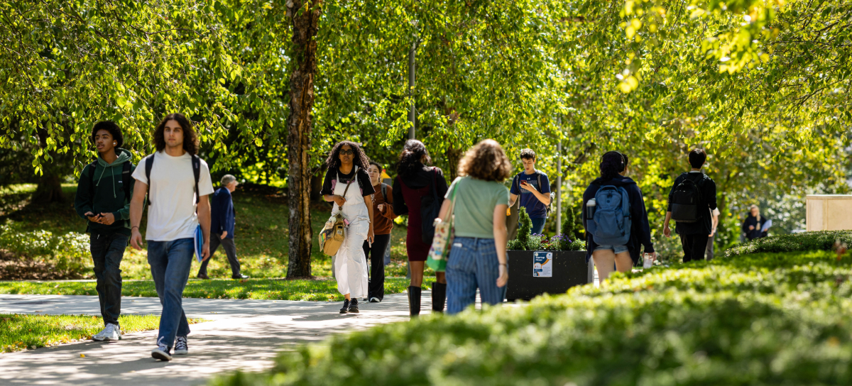 Students walk through green foliage on campus